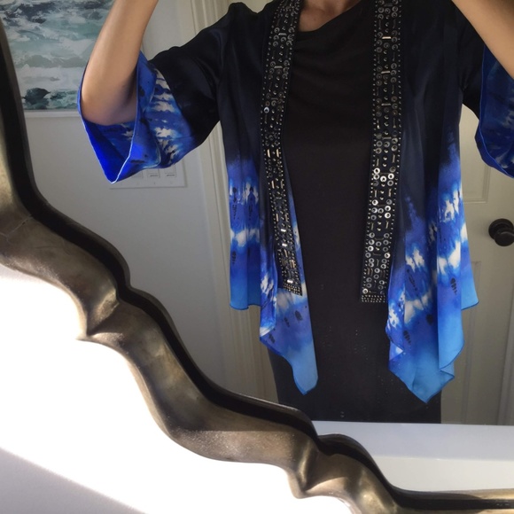 Blue Tie Dye Beaded Silk Kimono Cardigan - Picture 1 of 8